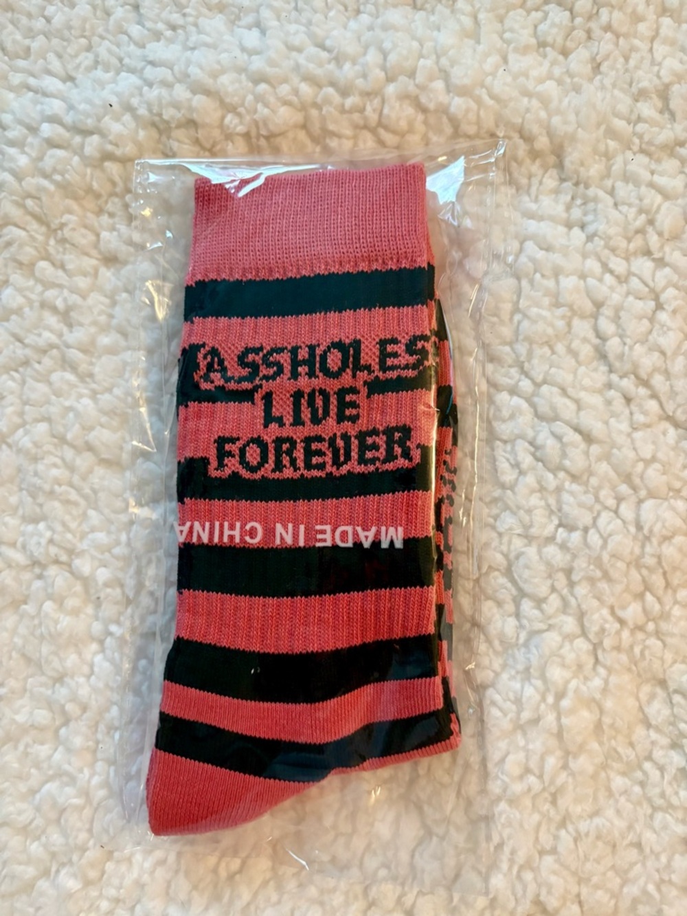 Assholes Live Forever Pink & Black Novelty Crew Socks - Bold Text Design